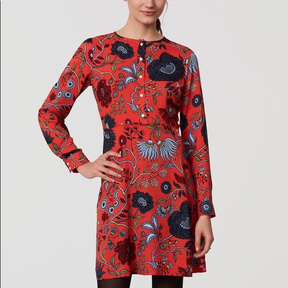 Ann Taylor Loft Red Floral Long Sleeve Dress